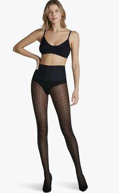 Commando Women's Small Black Printed Houndstooth Sheer Tights K16-13